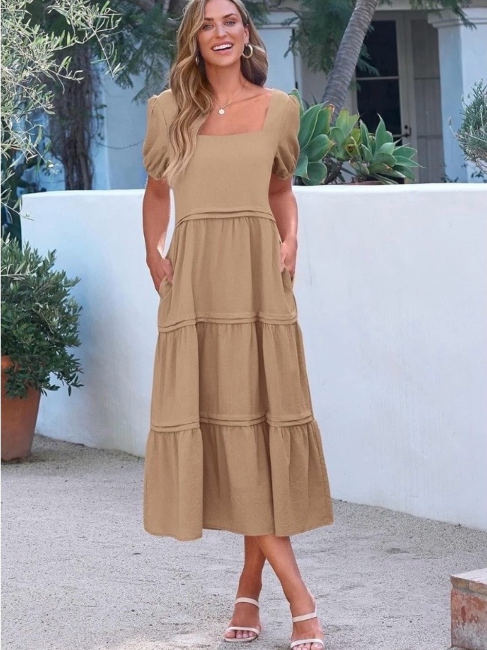 KIRUNDO Sage Green Maxi Dress | Square Neck Smocked Tiered Boho Flowy | XL